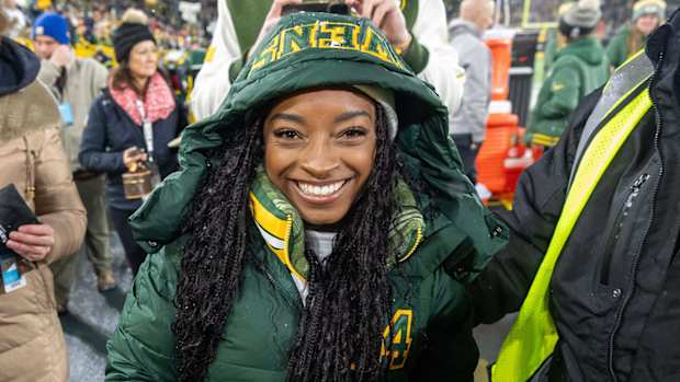 Simone Biles pictured before a game between the Packers and Chiefs at Lambeau Field.